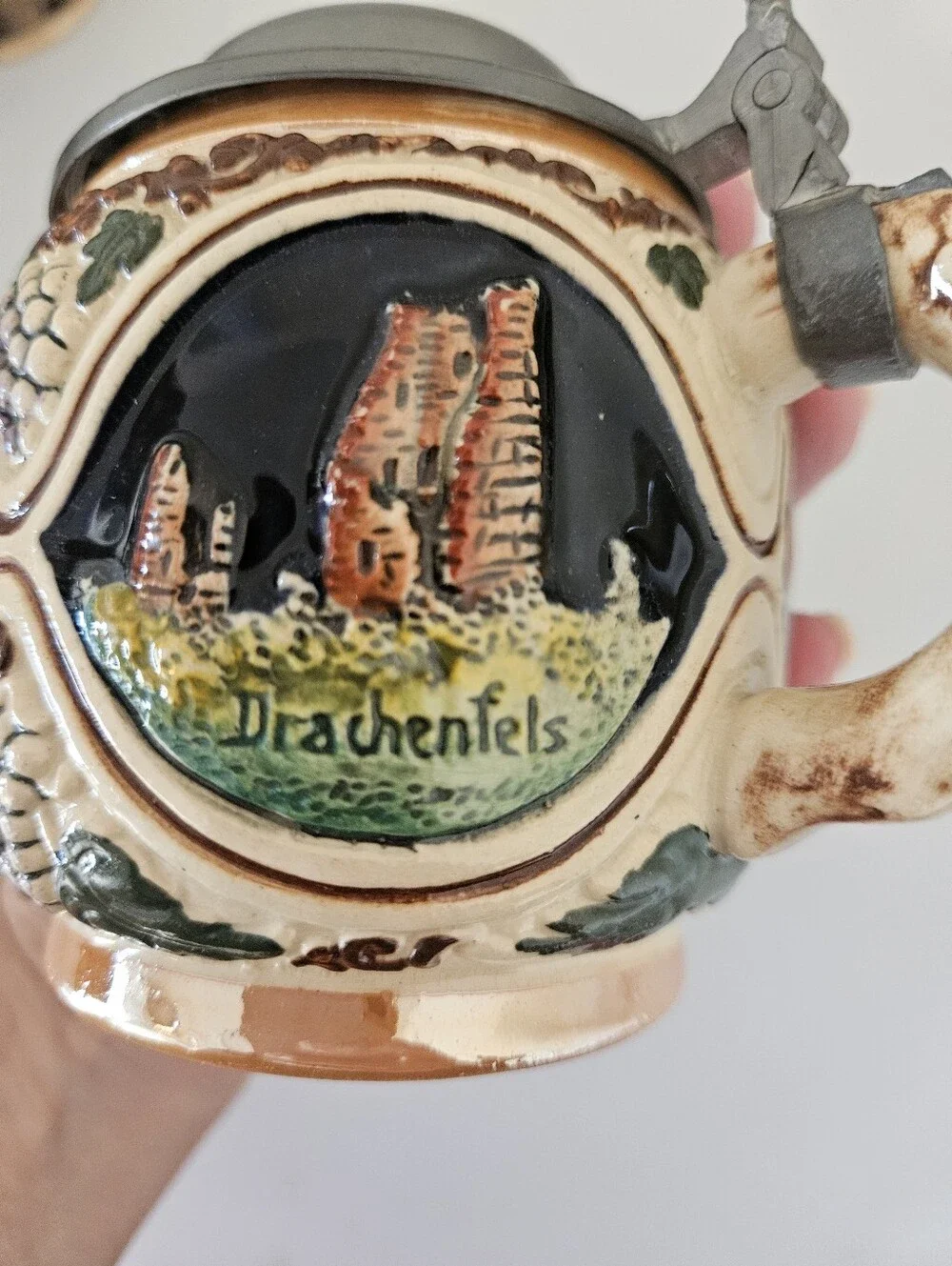 VTG Set of Two German Rhein River Stoneware Pewter Lid Steins | SZ 4